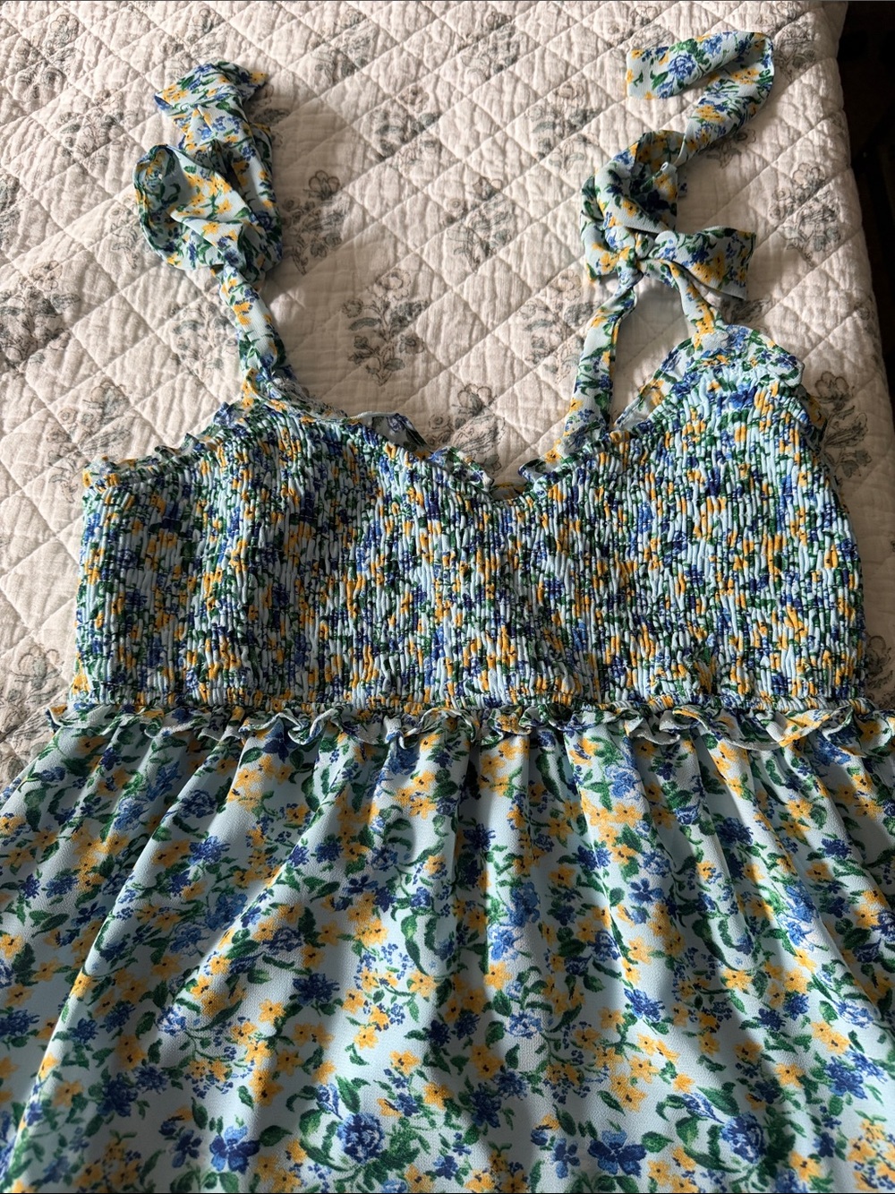 Altar'd State Light Blue Floral Smocked Mini Dress with Yellow and Navy Accents